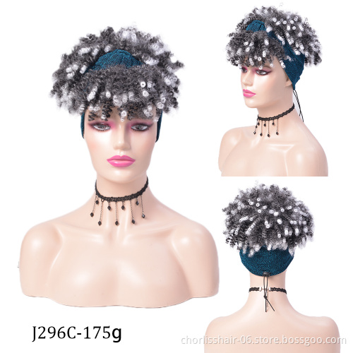 Best Selling  Blonde Short Fluffy Kinky Curly Synthetic Turban Wigs With Bangs Afro Headband Wigs Synthetic Hair For Black Women